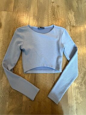 Zara Pastel Blue Ribbed Long-Sleeve Crop Top